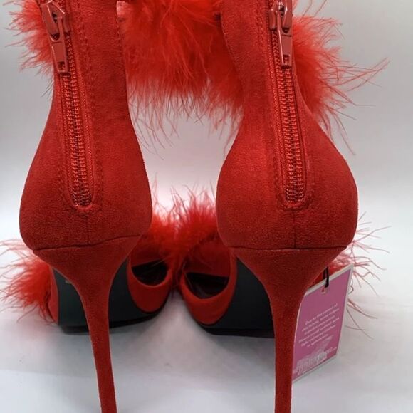 PrettyLittleThing NWTs Red Feathered High Heel Strappy Sandals Size 6 - Picture 8 of 10